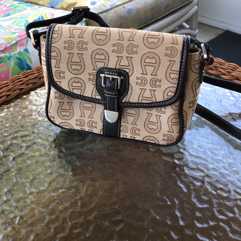 Etienne Aigner Beige Brown Signature Logo Canvas Leather Crossbody Bag, Vintage